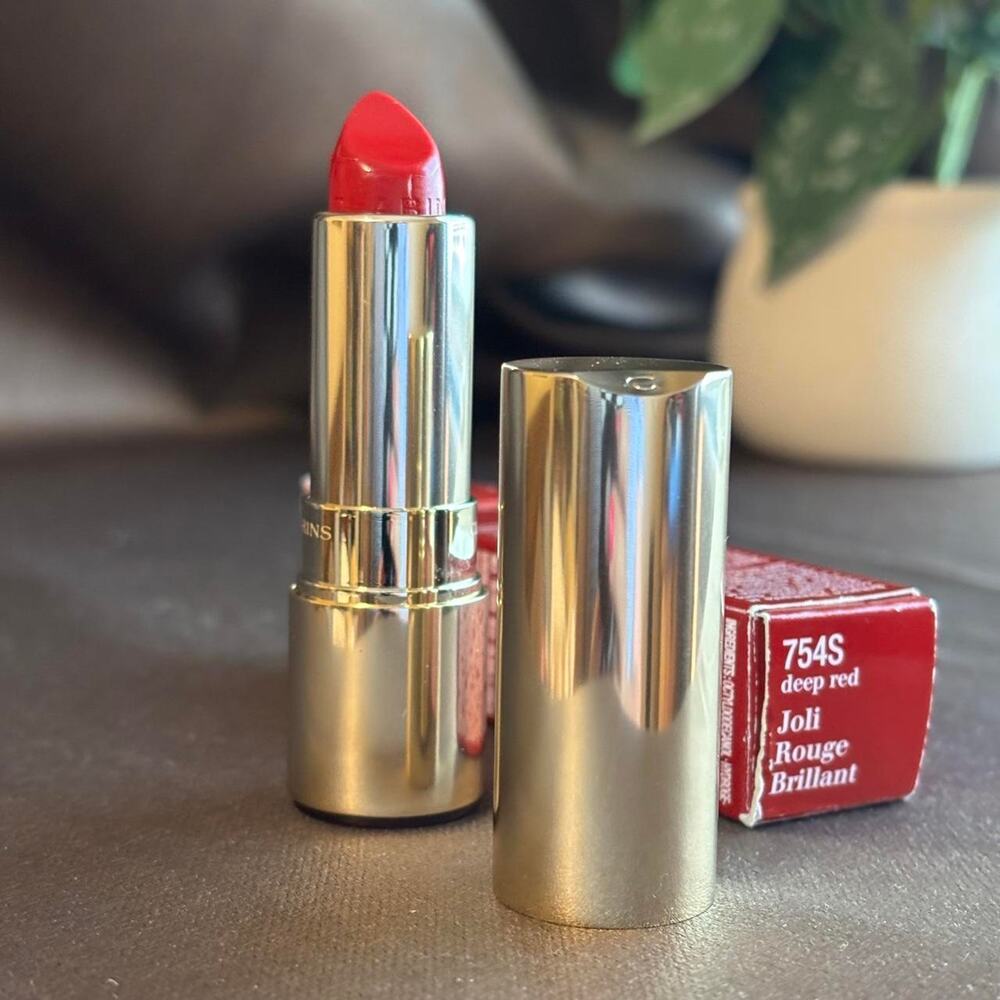 Clarins red Joli Rouge Perfect Shine Sheer Lipstick in 754S Deep Red